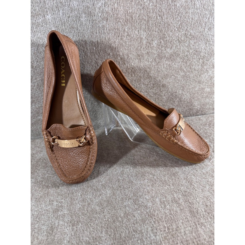 Coach Olive Loafers Women 8B Brown Pebble Leather Gold Horsebit Driving Shoes
